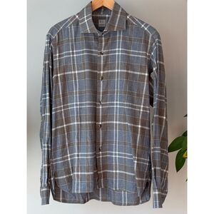 IKE BEHAR Plaid Button Down Men's Shirt Grey Blue Long Sleeve Cotton USA Made